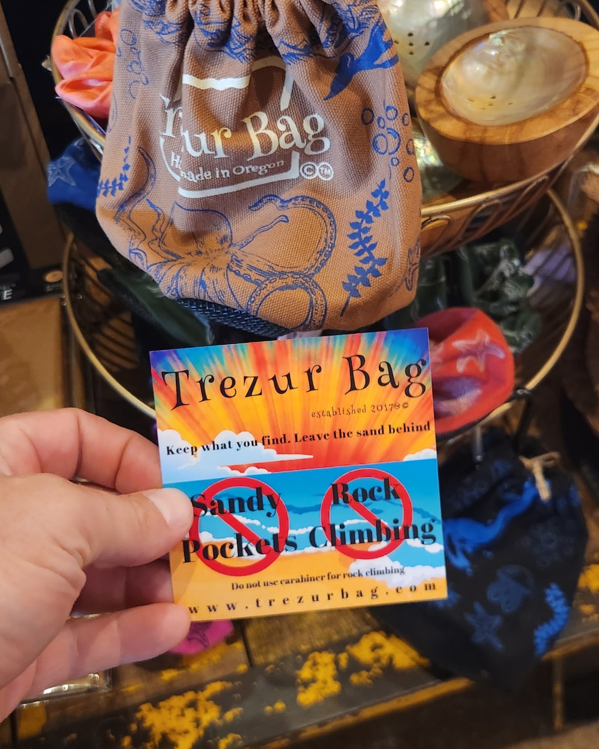 Historic Trezur Bag product tag and retail display